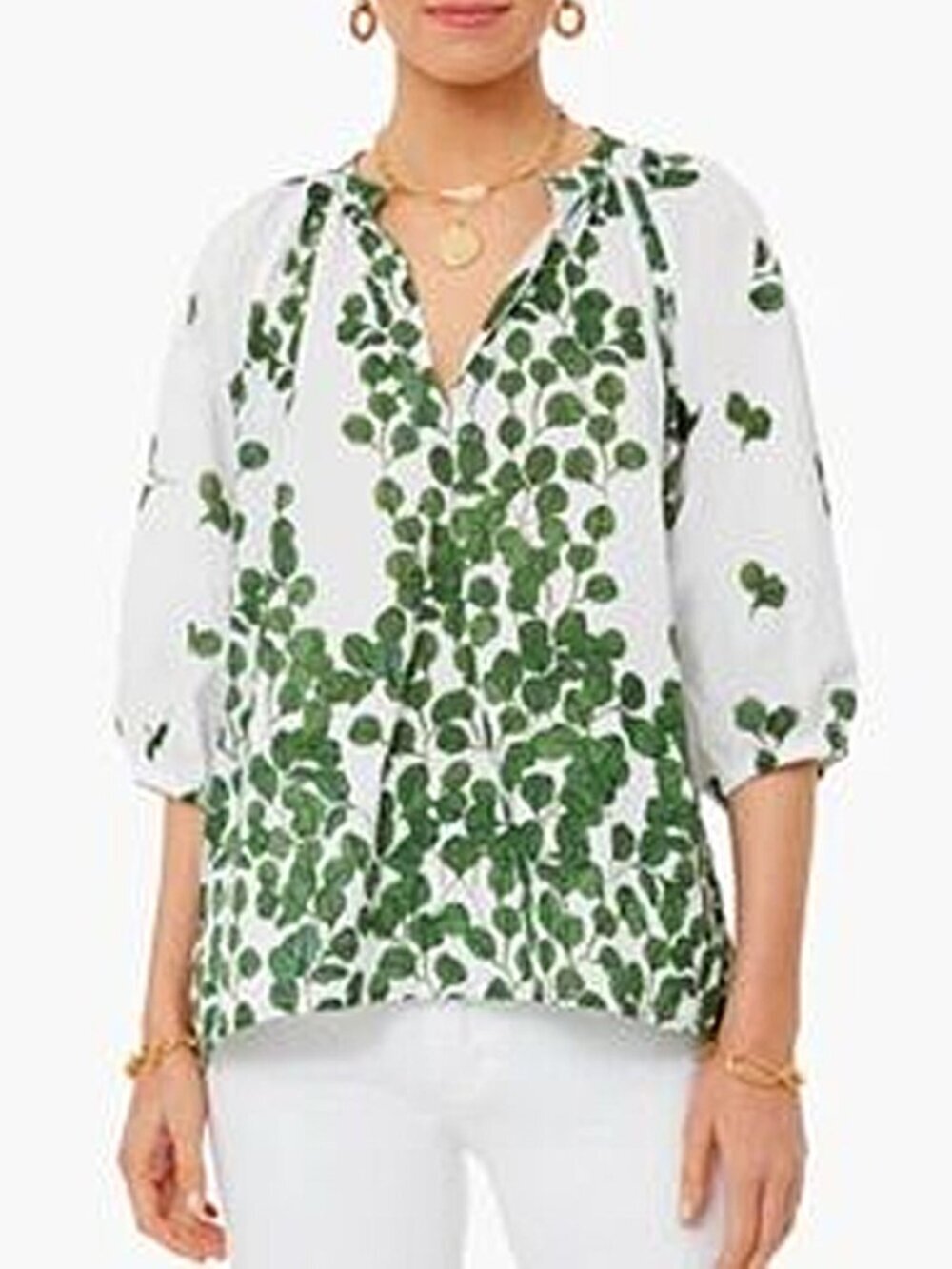 Ro's Garden Marcia Top in White Green Botancial Size L
